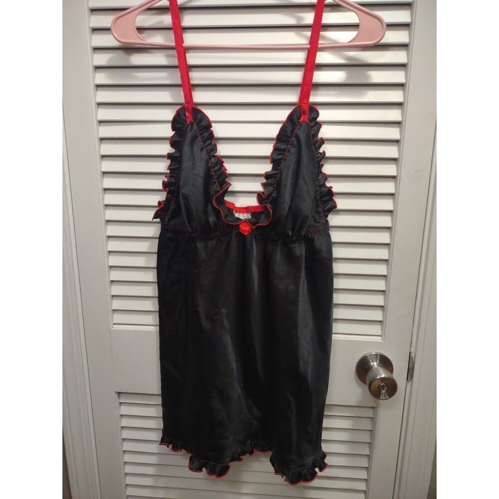 Seductive Wear By Cinema Etoile Satin Black Slip Baby Doll Lingerie Size Large